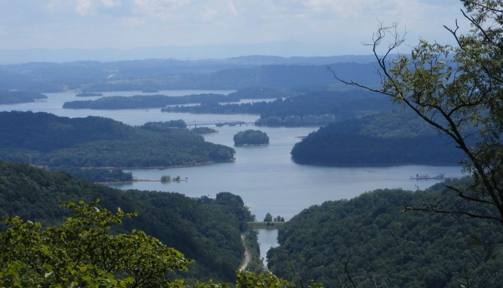 Picture of the Overlook from Clinch Mountain in Grainger County of the landscape of Cherokee Lake and the trees.