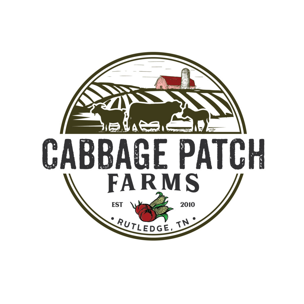 Cabbage patch farm logo with a goat, cow, donkey, row crops, a red barn with a silo, a tomato. established 2010 Rutledge, TN 